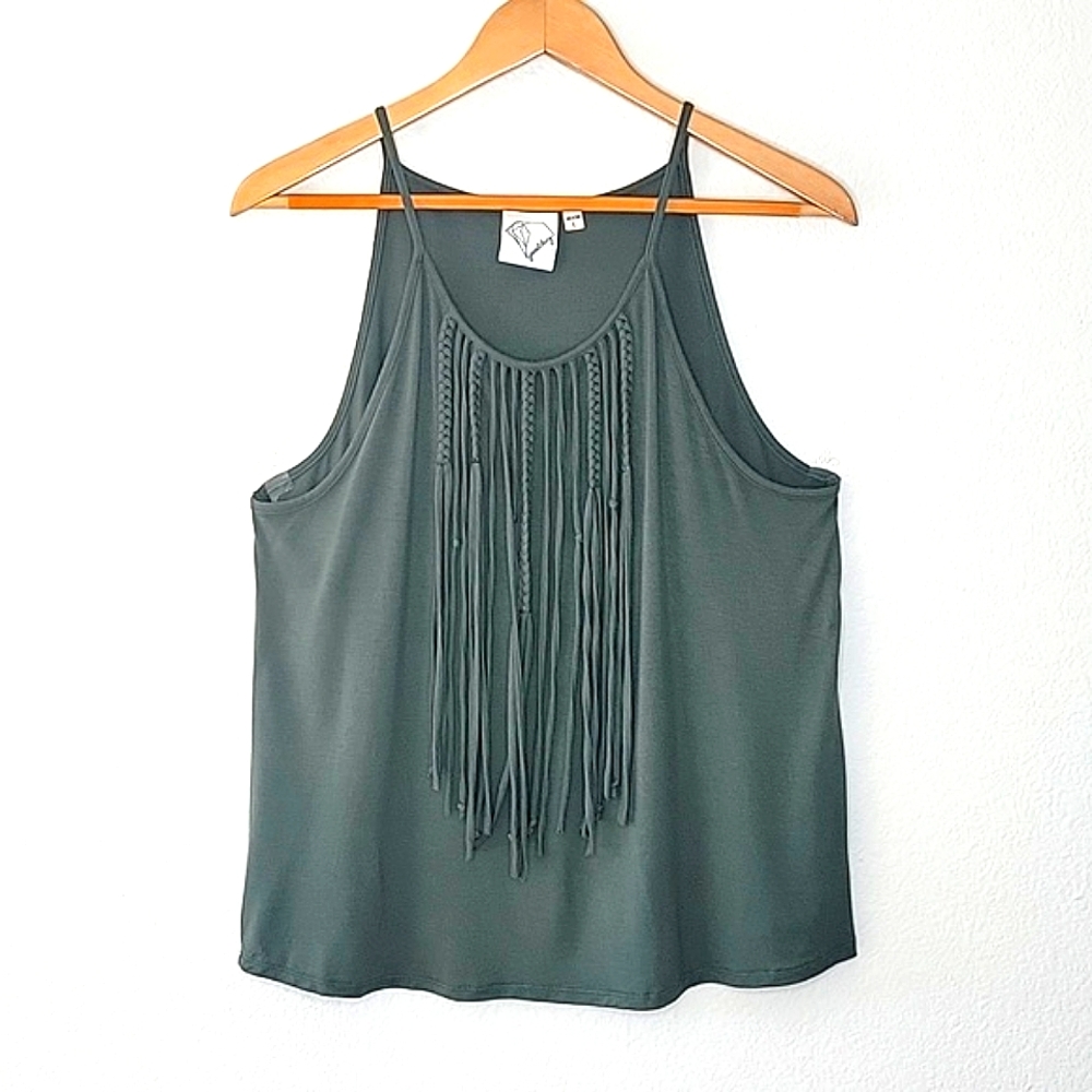 JANET CHUNG Green Racerback Tank Top size L Finge Boho Hippie